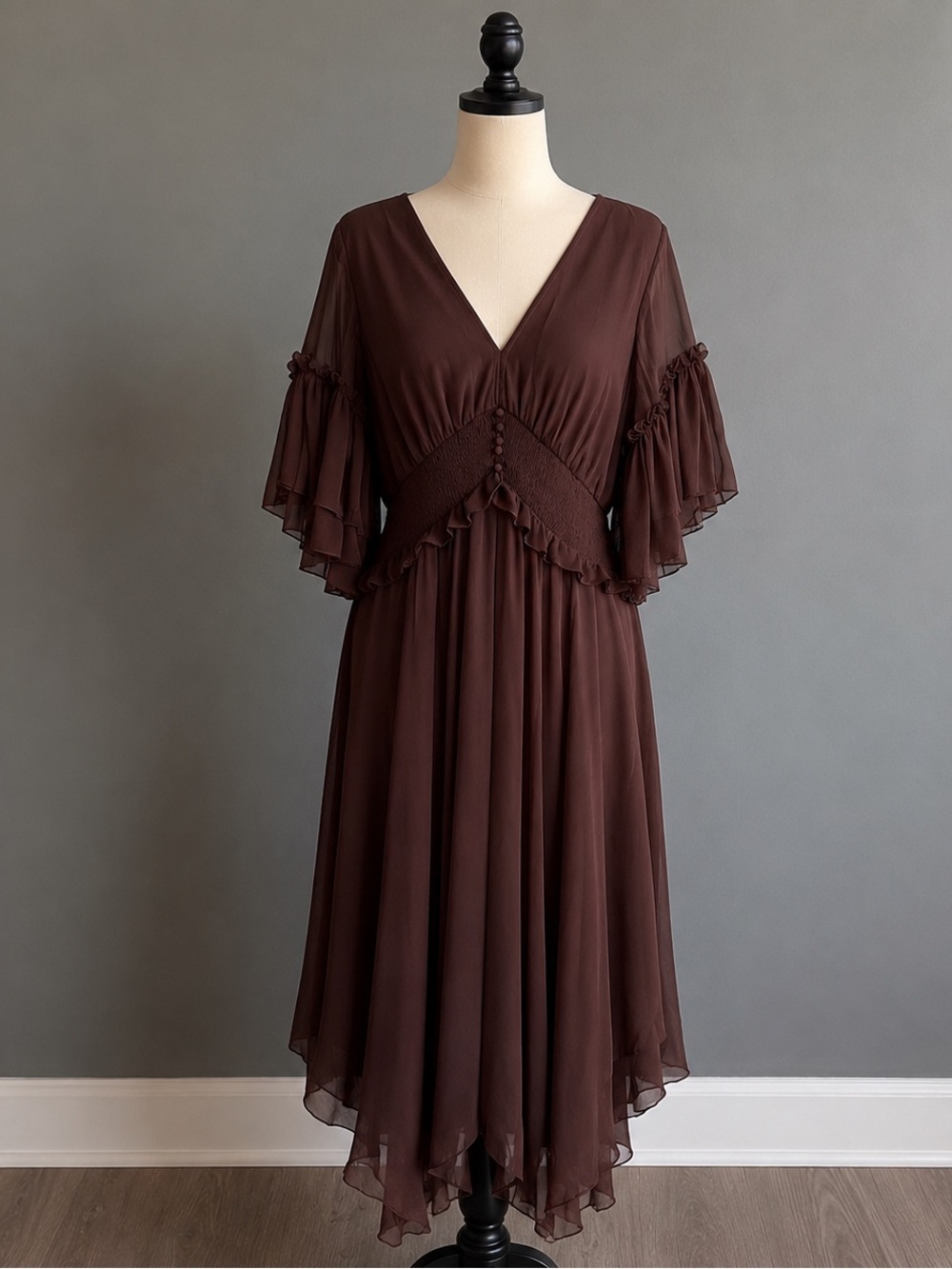 ASOS DESIGN Maternity Chiffon Flutter Sleeve Midi Dress Maroon Burgundy Size 14